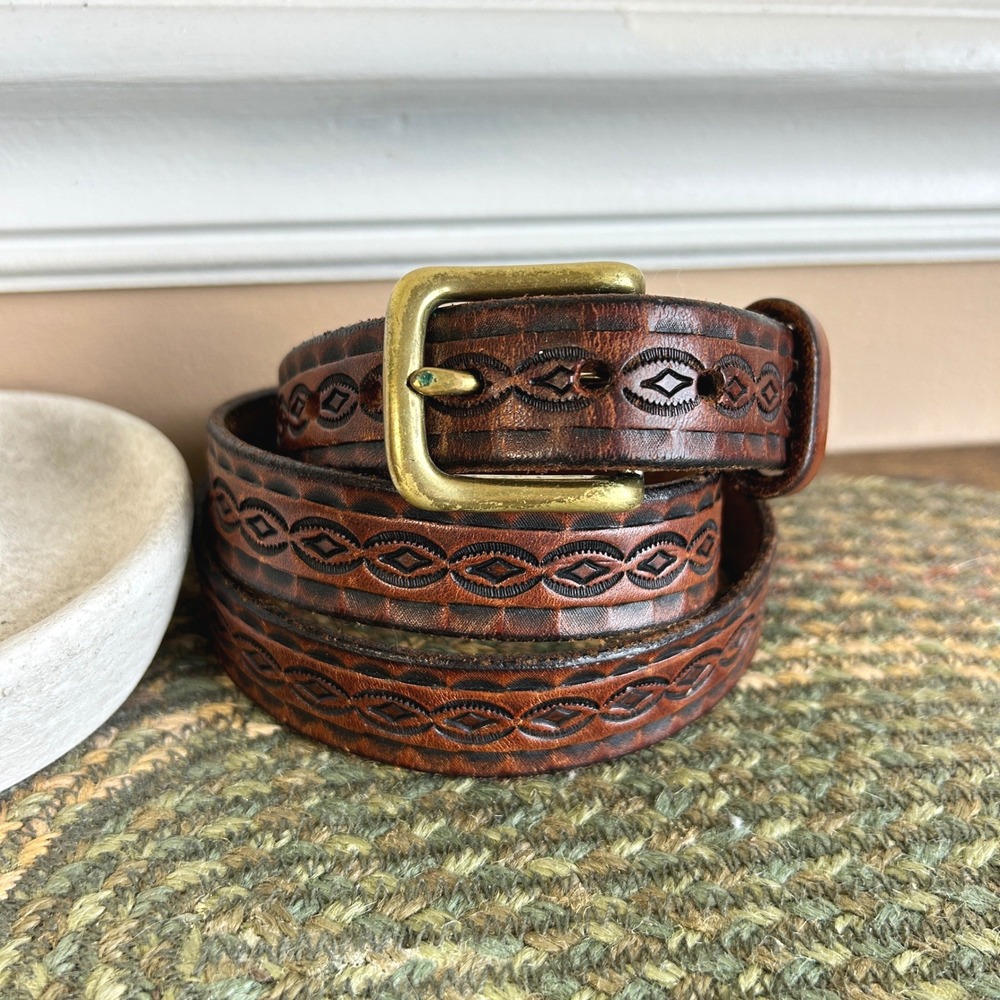 Vintage Getty Brown Tooled Leather Belt Western Geometric Brass Buckle Western